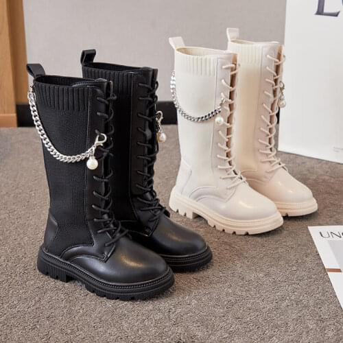 Childrens Knitted Stretch Boots Girls' Boots Winter Single Boots New High-tube Boots Mid-tube Sock Boots Metal Chain Princess