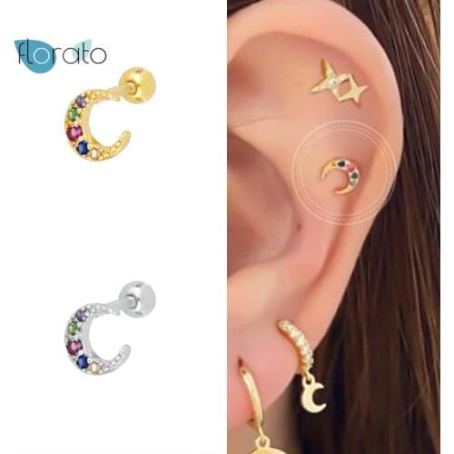 925 Silver Ear Needle Tiny Rainbow Zircon Star Moon Stud Earring Piercing Mini Luxury Crystal Fine Jewelry Wedding Accessories