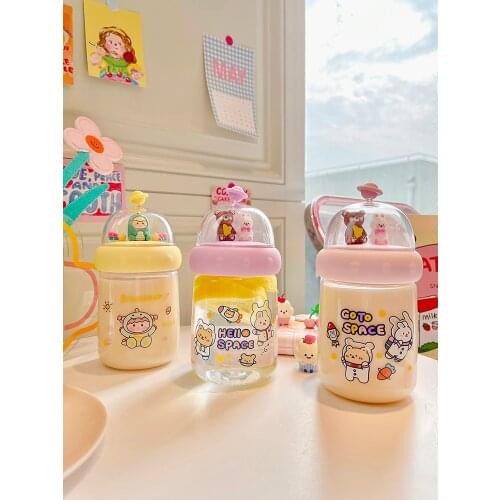 Kawaii Cartoon Bear Transparent Plastic Water Bottles Creative Frosted Water Bottle With Travel Tea Cup 450mL