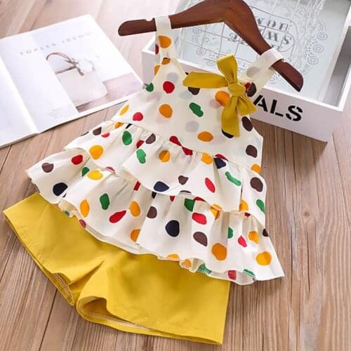 Summer Childrens Clothing 2-Piece Fashion Cute Kids Bow-Knot Polka Dot Print Top + Solid Color Shorts Summer Girl Clothes Set