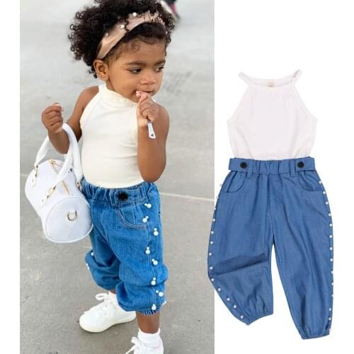 1-6Years Kids Baby Girls Clothes Set 2021 Summer Solid Color Sleeveless Tank Tops + Beading Loose Pants Fashion Kids Outfits