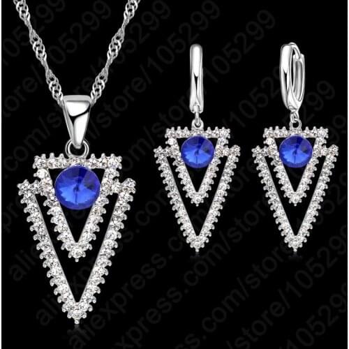 925 Sterling Silver Jewelry Sets Blue CZ Crystal Triangle Geometry Pendant Necklace Hoop Huggie Earrings for Women