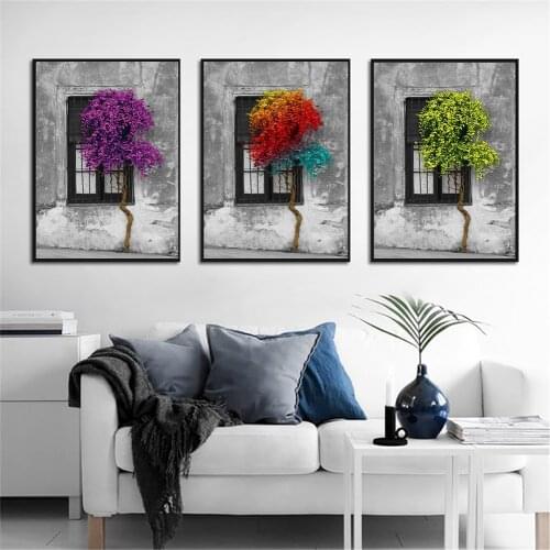 Colorful Tree Windows Canvas Painting Wall Art Vitality Posters and Prints Wall Pictures for Living Room Decoration Home Decor