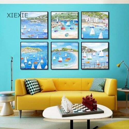 Colorful Sailboat Canvas Painting Seaside Beach Cartoon Landscape Nordic Posterfor Modern Home Decoration Modular Wall Art