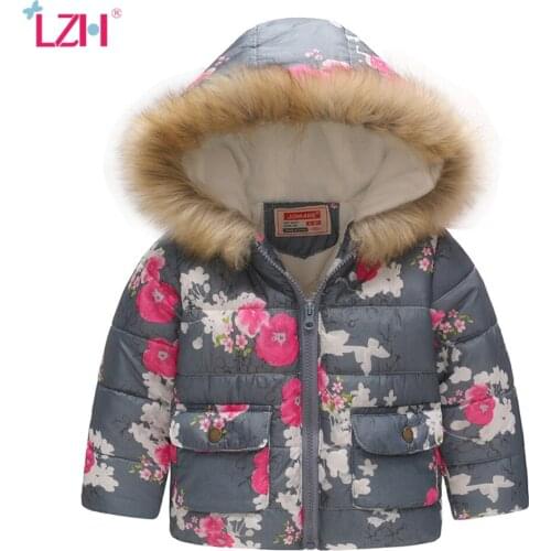LZH 2021 Hot Selling Autumn Winter Fashion Printing Flowers Jacket Thick Warm Children Young Girls Coats Kids Outerwear Coat 2-6