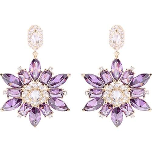 Romantic Sweet Flower Earrings Luxury Brand Jewelry Copper Gold-Plated Fashion Dangle Women Statement Earings With CZ Stone