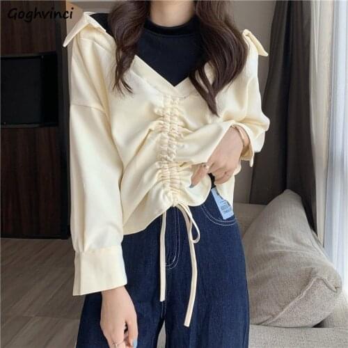 Shirts Women Fake Two Piece Autumn Korean Style Pleated Loose Slim Fashion Chic Leisure Soft All-match Streetwear Trendy Student