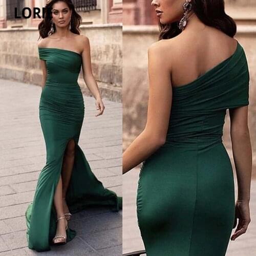 LORIE Dark Green Satin Pleated Evening Dresses 2021 One Shoulder Mermaid Side Split Simple Vestidos De Fiesta Prom Party Gowns