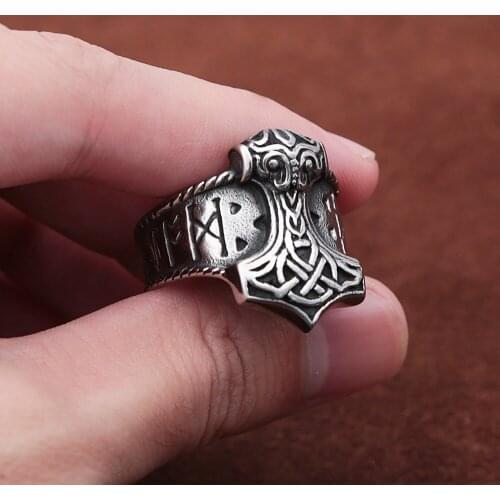 Unique 316L Stainless Steel Viking Ring Celtics Knot Runes Mjolnir Thor Hammer Rings Mens Nordic Amulet Jewelry