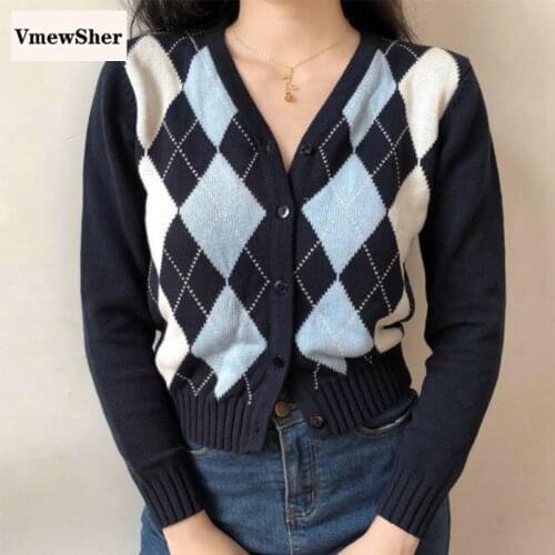 VmewSher Stylish Geometric Rhombic Cardigan Sweater Women 2020 Fashion Autumn Warm Long Sleeve Outerwear Chic England Style Tops