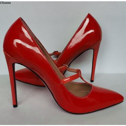 Olomm Hot Handmade Women Shiny T- Strap Pumps Buckle Sexy Stiletto Heels Pointed Toe Gorgeous Evening Shoes Women US Size 5-15