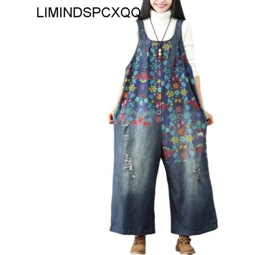 Vintage Flower Printed Holes Ripped Jean Jumpsuit Plus Size Wide Leg Bib Overalls For Women Drop Crotch Denim Rompers 2021 Loose