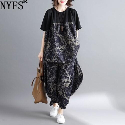 NYFS 2020 New Summer two piece set Cotton Linen Women Set Abstract printing T shirt+Wide leg pants 2 piece set women