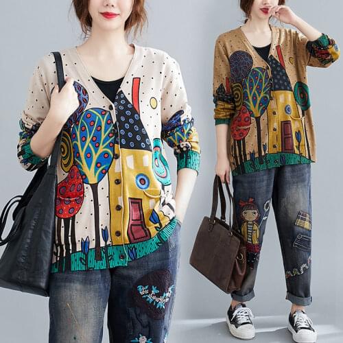Large Size Cartoon Printed Sweater Coat Womens Autumn New Casual All-match V-neck Knitted Cardigan Thin Knit Jacket aq1111