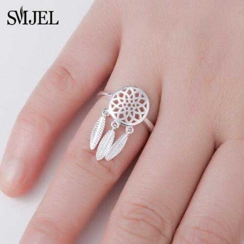 SMJEL Ethnic Tassel Dreamcatcher Rings for Women Silver Color Wedding Jewelry Vintage Feathers Ring Good Luck Gift Best Friend