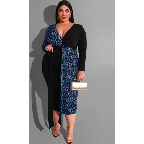 Plus Size Dress Womens Leopard Dress Lace Up Sexy V Neck Winter Long Sleeve OL High Waist Pencil Dresses Wholesale Dropshipping