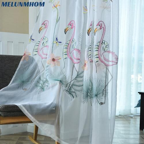 American Embroidered Pink Birds Cotton Linen Curtains for Living Room Sheer Bedroom Window Treatments White Tulle Elegant Drape
