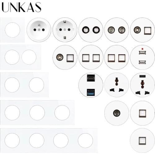 UNKAS White Glass Panel EU French Socket USB Charger TV RJ12 Telephone RJ45 Computer Modules DIY Free Combination Outlet