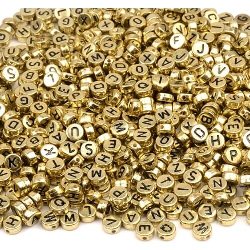 100Pcs 4*7mm Round Gold Color Acrylic Beads Black Letter Beads for Jewelry Making Kid Diy Material Loose Spacer