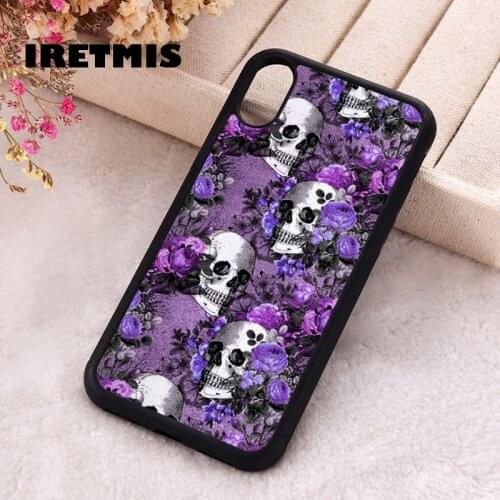 Iretmis 5 5S SE Phone Cover Case for iPhone 6 6S 7 8 Plus X Xs XR 11 12 Mini Pro Max Rubber Silicone Goth Skulls & Purple Roses