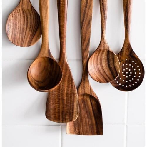 Wooden Spoon Set Thailand Teak Natural Ladle Turner Long Rice Colander Soup Skimmer Cooking Scoop Kitchen Tool Accessories