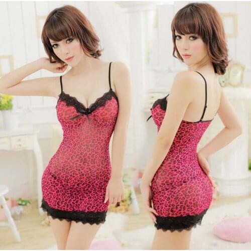 Leopard-print baby doll robe Sexy Lingerie hot Sexy underwear Sleep Wear Strap Lace Nightdress