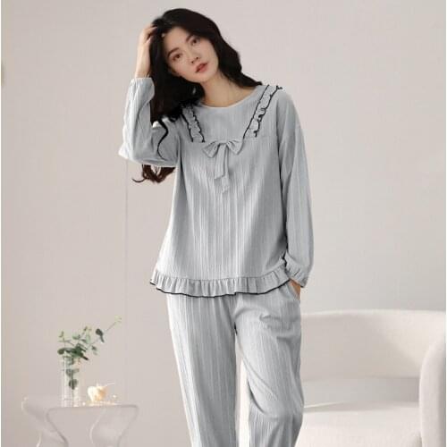 Fdfklak Cotton Home Suits Korean Sleepwear Pajamas For Women Autumn Long Sleeve Trousers 2 Pieces Suit Pyjamas Nightwear Pjs