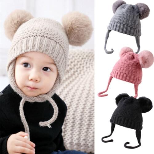 Cute Baby Boy Knitted Bobble Hat Double Pom Pom Winter Warm Crochet Stretchy Hat