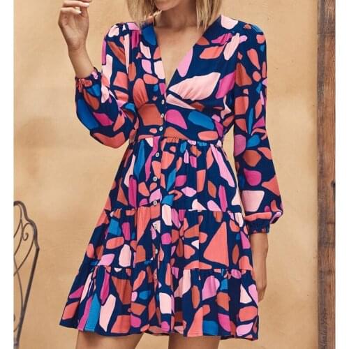 GypsyLady Floral Printed Mini Dress Autumn Boho Vintage Chic Holiday Dress Women Button Front Long Sleeve Ruffles Ladies Dresses