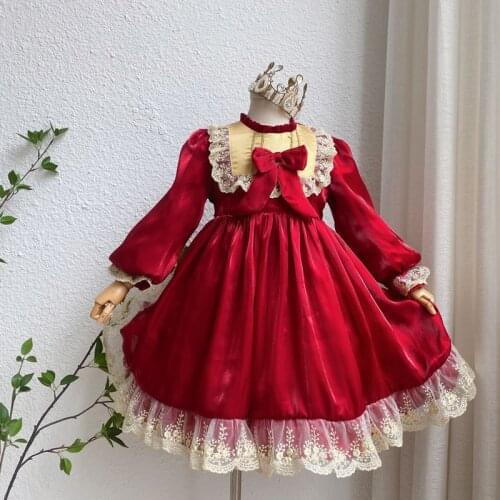 Fashion Boutique girl red dress 2021 fall new baby girl bow lace long sleeve dresses wholesale