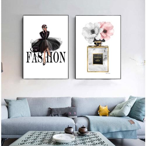 Fashion Black Dress Canvas Nordic Wall Art Perfume with Flower Print Painting Decoration Picture Home Decor Framed