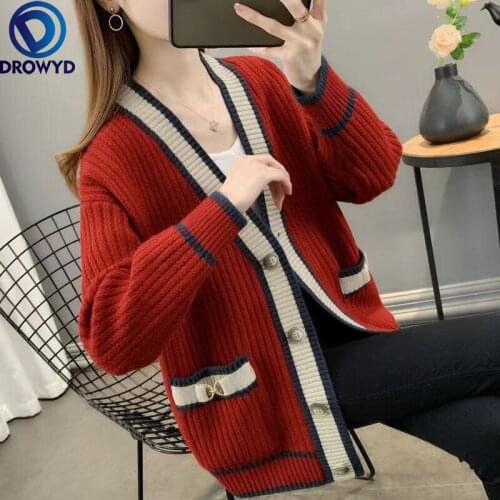 2021 Fashion Red V-neck Loose Korean Autumn and Winter Cardigan Sweater Coat Women Mid-length Single-breasted Jacket Coat Top