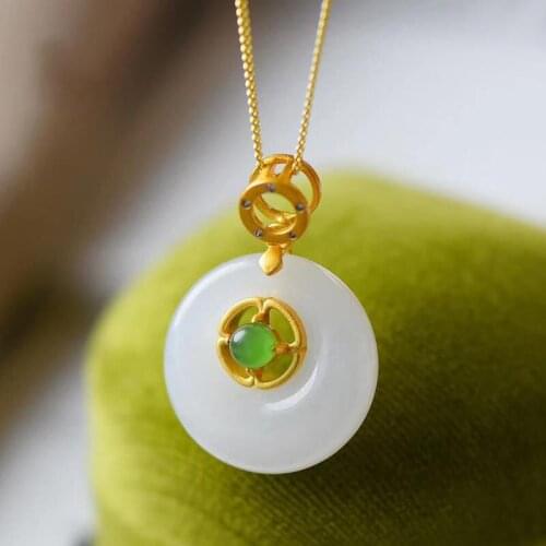 Natural Hetian Jade S925 Sterling Silver round Jade Pendant Pendant White Jade Pendant Princess Buckle White Jade Necklace Simpl