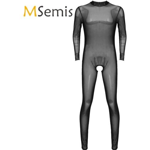 Lingerie See-through Mesh Crotchless Teddies Bodysuit for Gay Men Long Sleeve High Neck Zipper Back Leotard Skinny Jumpsuits