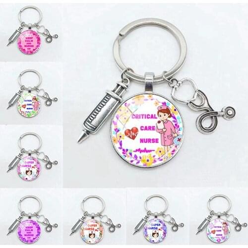 Latest Home Stethoscope Nurse Syringe Picture Keychain 25mm Round Convex Glass Dome Pendant Men and Women Fashion Charm Keychain