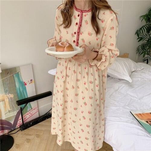 New Autumn Flowers Print Nightdress Pijamas Dress Women Ruffles Flare Sleeve Cotton Home Clothes Dress Ladies Nightgowns