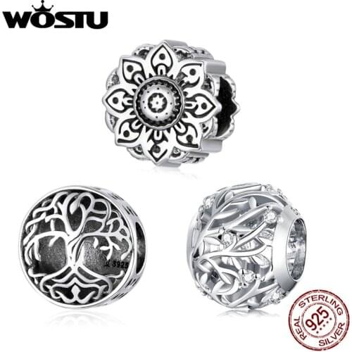 WOSTU Authentic 925 Sterling Silver Heart Flowers Beads Charms Pendant Fit Bracelets Women Party DIY Fine Jewelry Gift Making