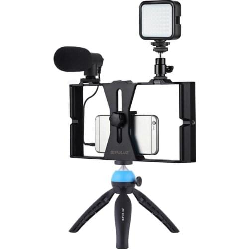 PULUZ 4 in 1 Vlogging Live Broadcast LED Selfie Fill Light Smartphone Video Rig Kits with Microphone + Tripod Mount for Phone