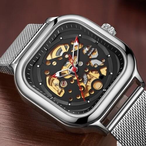 SWISH Brand Design Automatic Watch Men Stainless Steel Square Mechanical Sports Watch Creative Skeleton Wristwatch Military Hour