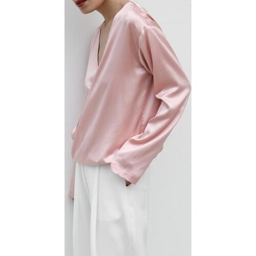 JIUNINE Original design V-neck heavy silk shirt pink casual loose pullover long-sleeved satin top womens tops woman tshirts