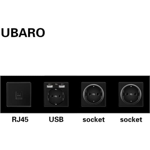 UBARO German Standard Tempered Crystal Glass Panel Wall Socket Power Telphone Two Hole Plug Sockets Home Outlet AC100-250V 16A