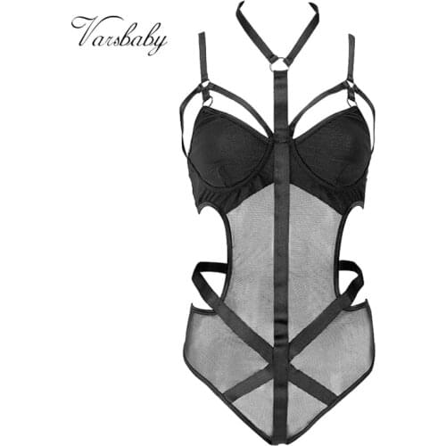 Varsbaby Wholesale Sexy Bodysuit Hollow Out Strap Halter-neck mesh one-piece underwear For Women