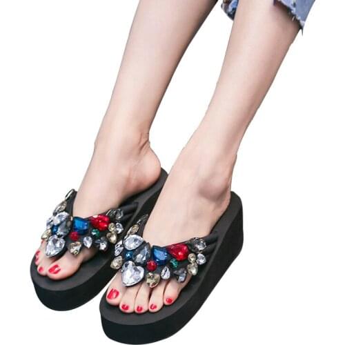 Women Summer Beach Holiday Wearing Sandals Rhinestones Joker Cross-border Wind Casual Stretch Cloth Sandals Heighten Non-slip