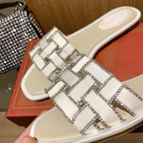 Kmeioo 2021 summer riband jewel flat shoes woman open toe outside slippers slip-on flats crystal slides for women sheepskin shoe