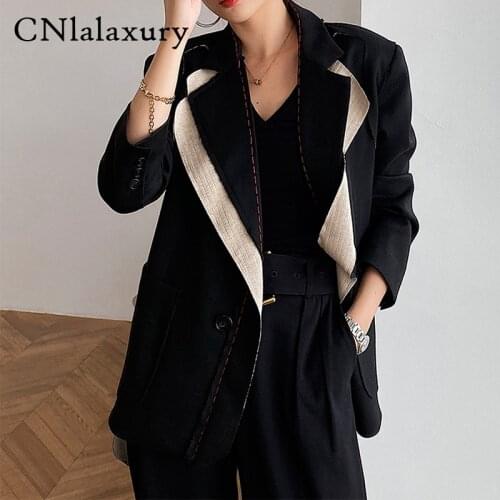 2020 Autumn Women Spliced Hit Color Temperament Blazer New Lapel Long Sleeve Loose Fit Jacket Fashion Ladies Office Coat tops