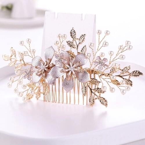 Gold Crystal Beads Pearl Handmade Hair Combs Jewellery Headpiece Women Tiaras Party Bride Wedding Hair Jewelry Accessories VL