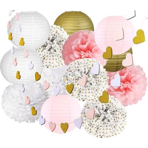 15 Pcs Per Set Hanging Paper Lantern Tissue Paper Flower Paper Garland Pink White Set for Wedding Valentine’s Day Party Decor
