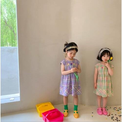 2021 Korea style girls plaid dress fashion cotton summer girls dresses