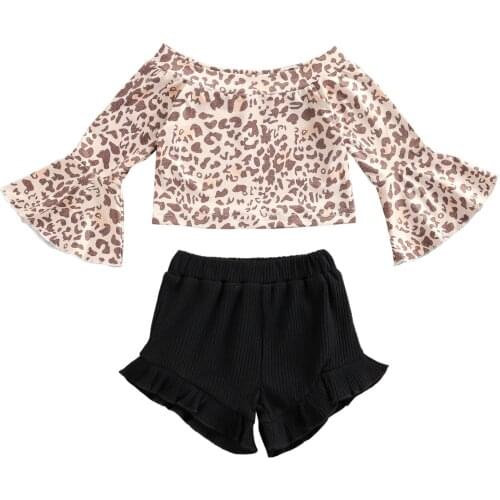 2021 0-3Y Kids Baby Girl Clothing Set Fashion Leopard Trumpet Sleeve Crop Tops and Solid Color Short Pants Summer Outfits 2pcs