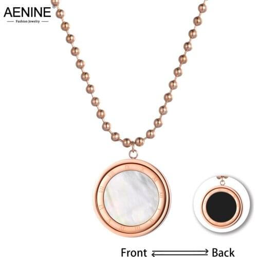 AENINE Universal Rotation Double Sided Black & White Shell Pendant Necklaces For Women Rose Gold 28 Inches Sweater Chian AN18253